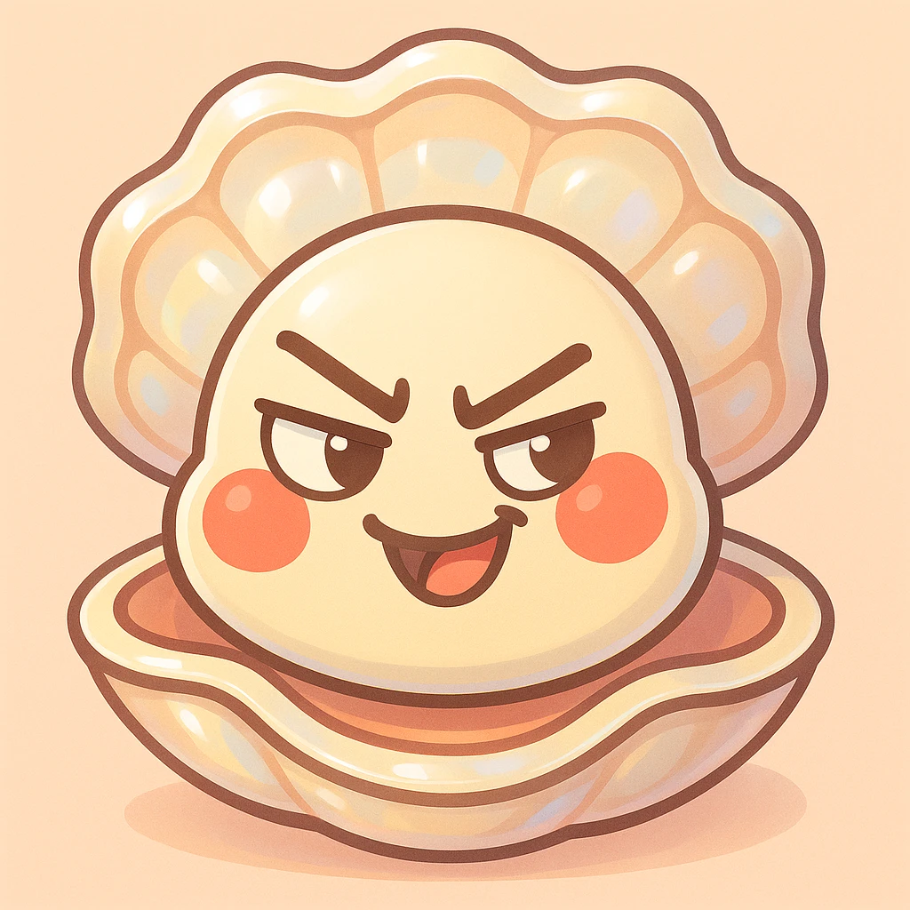 Enhance the cute oyster by making the pastel background more subtle and luminous, adding pearly reflections on the shell, accentuating the softness of the red cheeks, enriching the pastel toon details, keeping the mischievous expression, preserving the creamy, peach, and greige texture, and emphasizing the volume of the shell. emoji