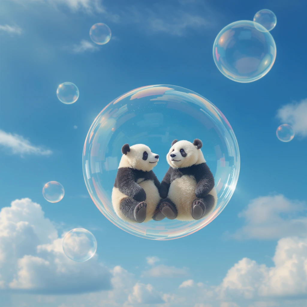 Minimalistic Cinematic still of pandas bears sitting inside flying bubbles, blue sky filling background  emoji