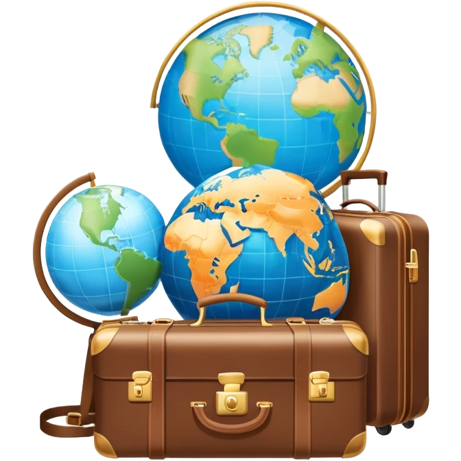 An icon featuring a suitcase, a globe, and a hotel building, symbolizing tourism and hospitality studies. The design includes a map and compass, representing travel research and industry analysis. Transparent background emoji