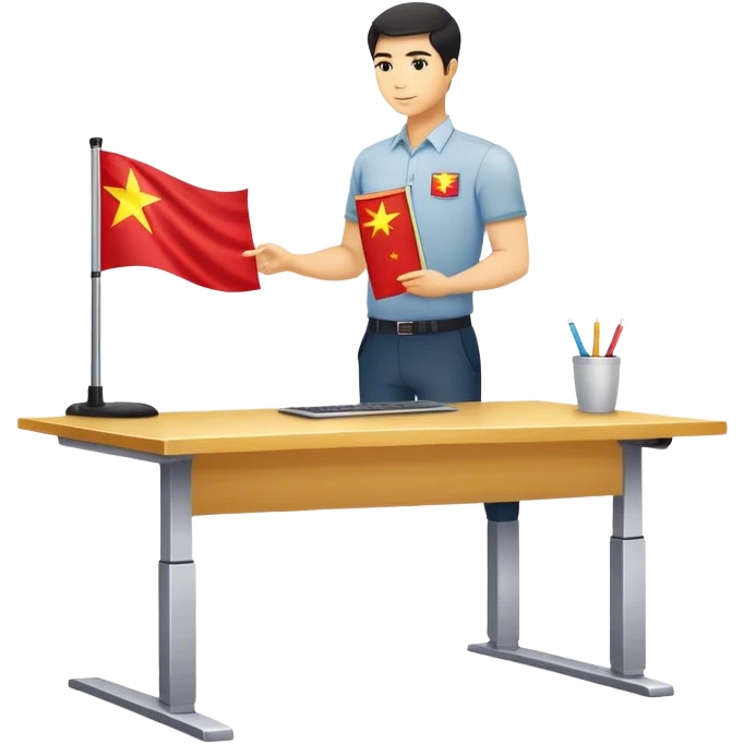 standing desk with vietnamese flag behind emoji