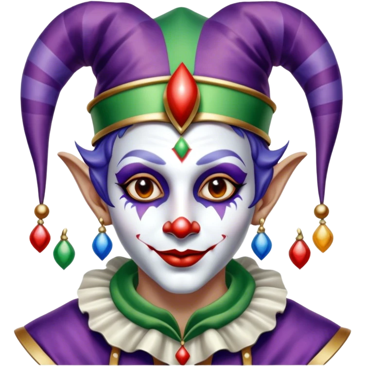 Full view, Cinematic and Ultra realistic 32k HD hauntingly beautiful jester with Balanced features, highly detailed, glowing with silver light, high shine, remembrance, a painting of white silver, fanciful, enchanting. The image is so lifelike it could leap off the canvas at any moment emoji