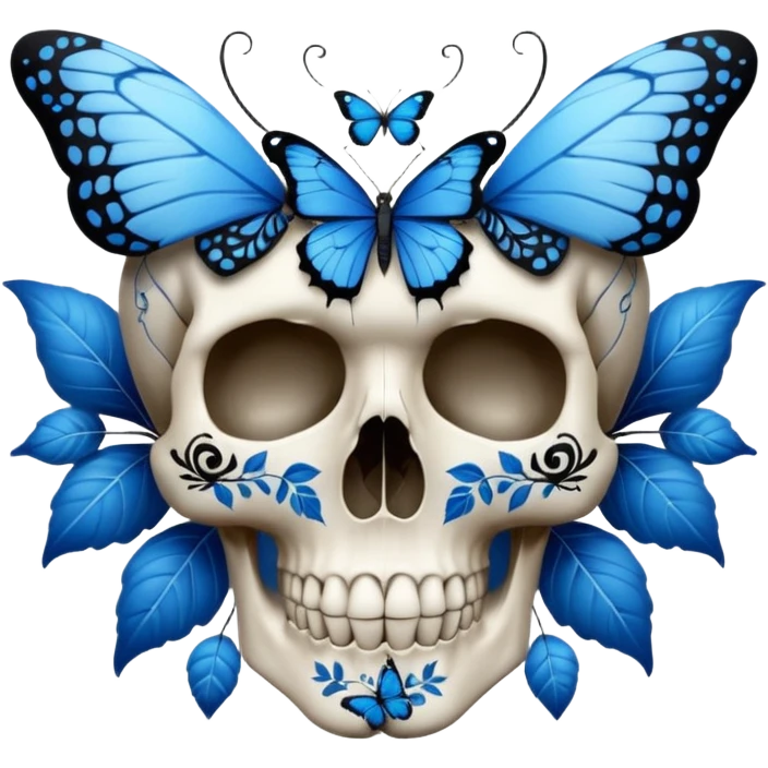 White skull with blue butterflies, leaves, and black intricate patterns emoji