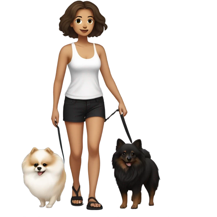 light skin women with brown hair, worn down, parted to the side, wearing black shorts, white tank, black flip flops, walking a white pomeranian on a leash emoji