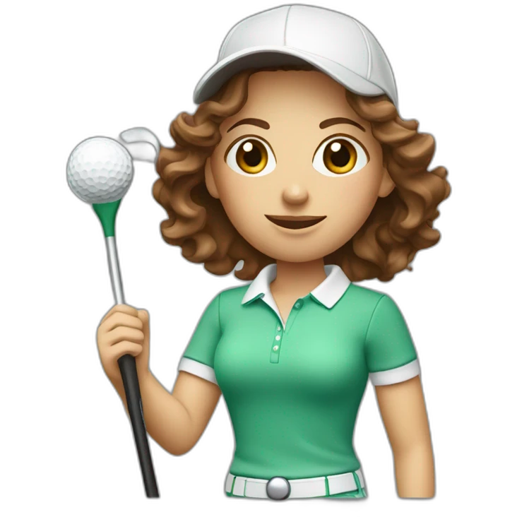 female with brown wavy hair dressed in golfwear with golf club and golf ball emoji