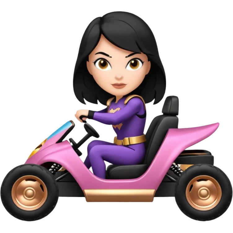 Hot full size real-appearance enclosed electric racing action BatGirl’s feminine midnight-colored tight outfit sixty’s tv show 1992 stealthy retro sporty safe plush petite off-road pursuit cruiser car rose gold accents (black hair,reclined and relaxed torso and shoulder seating position) go kart  emoji