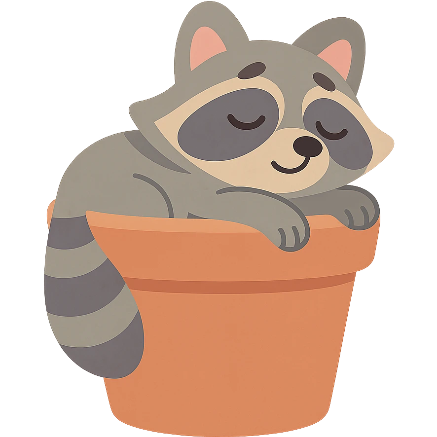 sleepy raccoon inside a flower pot, pastel earthy colors, pastel-toon style emoji