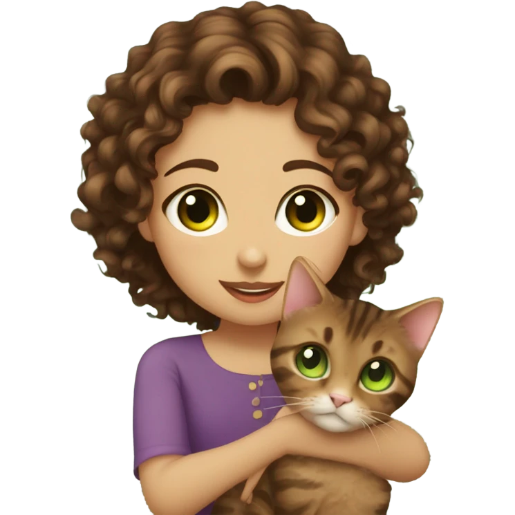 Dark brown curly haired girl with hazel eyes kissing a brown tabby cat with green eyes emoji