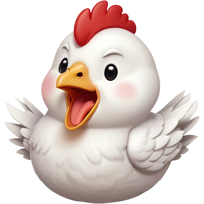 Cinematic Cute Yawning White Chicken Portrait Emoji, Head tilted slightly with a dramatic, wide-open yawn, showcasing a soft, fluffy white plumage with a crisp red comb and drooping wings, round beady eyes barely open in drowsy contentment, Simplified yet irresistibly adorable features, highly detailed, glowing with a soft, cozy glow, high shine, relaxed yet expressive, stylized with a touch of whimsy, bright and endearing, soft glowing outline, capturing the essence of a sleepy yet affectionate chicken, so drowsy it feels like it could stretch out of the screen and curl up for a nap! emoji