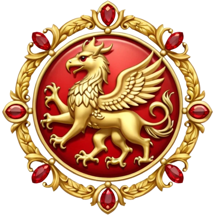 Golden griffin crest / brosch in a circle with red gems and no background emoji