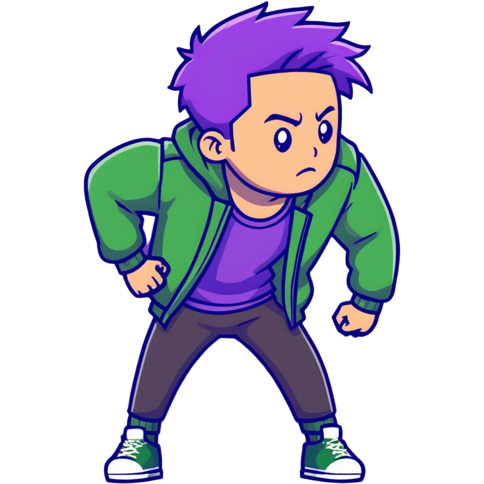 Fashionable man with purple hair and green jacket, bold expression, powerful pose inspired by Thanos emoji