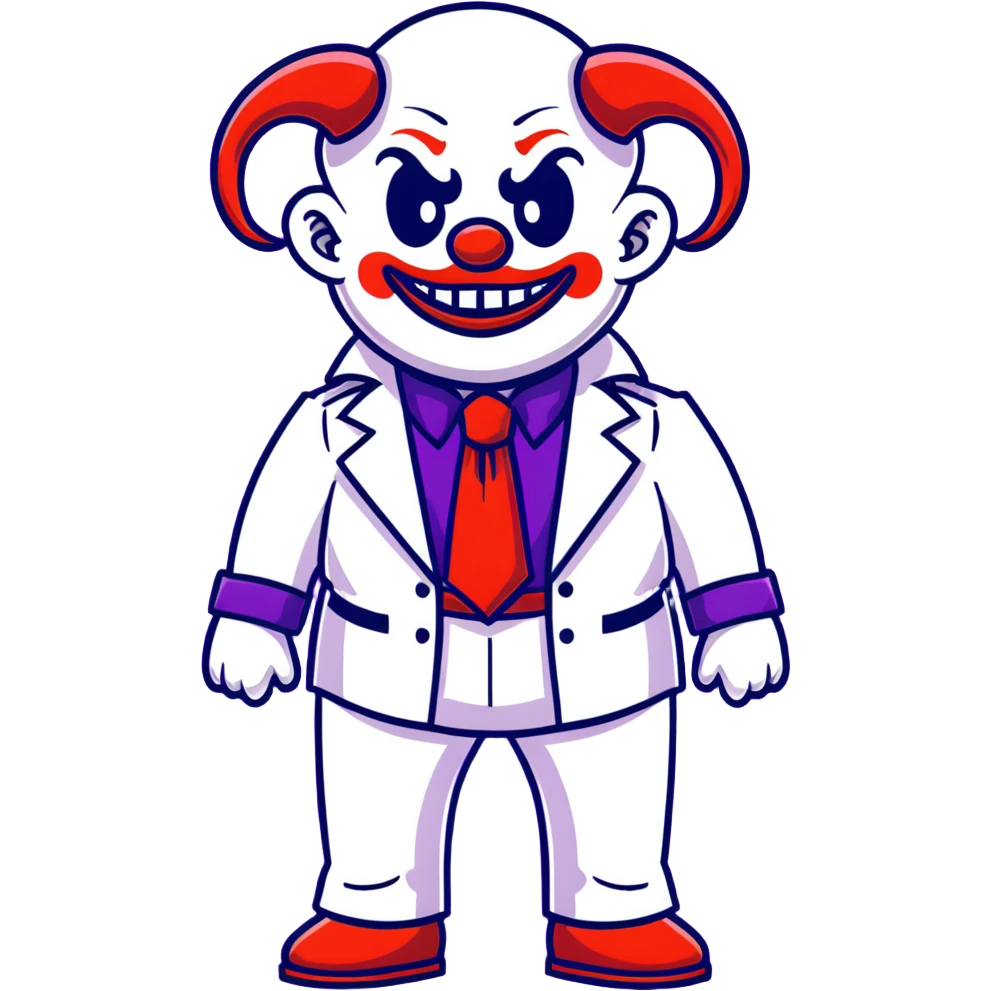full-body demonic clown in a white leisure suit with bellbottom pants, bald, black ram horns, elevator shoes, flashy belt, ruffled shirt, colorful tie emoji