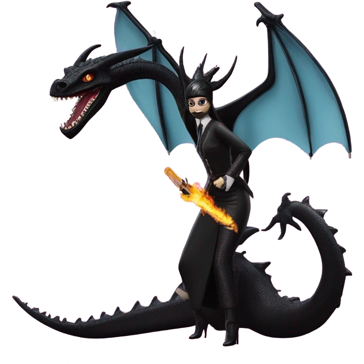 masked, empowered and glamorously dressed, Wednesday Addams Malibu Beach Barbie Jedi flying/riding on the back of a very large black shiny evil-looking fire-spewing horned dragon. proper scale emoji