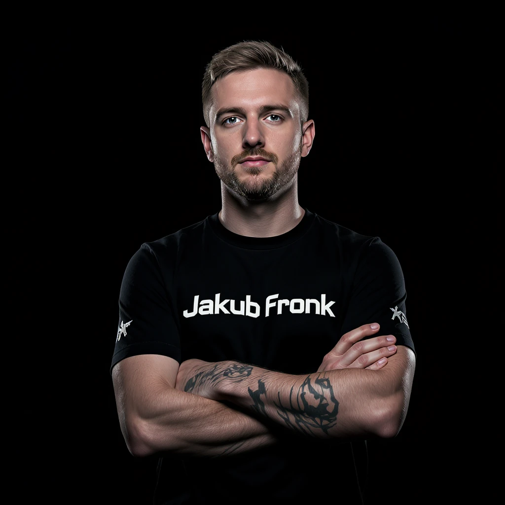 Csgo pro player profile proffesional photo, low key light back light, man standing crossed hands with tshirt with text "Jakub Fronk" black solid background emoji