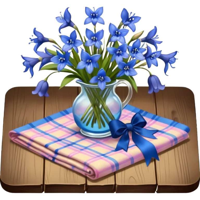 A lush bouquet of bright blue color bluebell black satin ribbon, resting on an antique wooden table, with a pale yellow and pink plaid pattern table cloth emoji