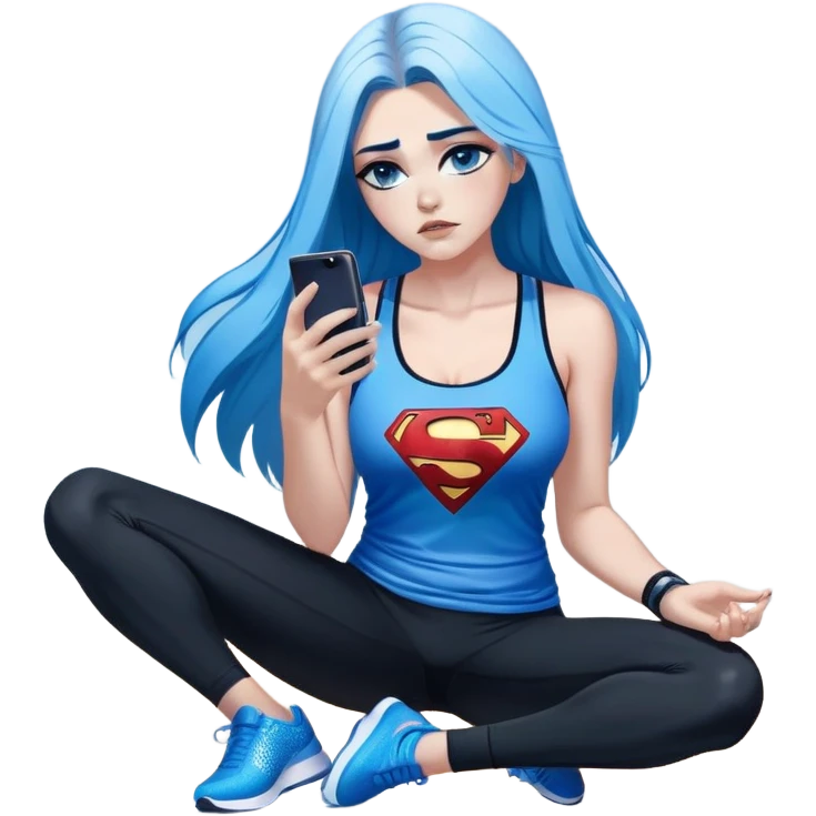 Shameful disappointed crying-very very very very big chest-texting on a samsung cell phone-very long straight flowing black to sky blue hair ombre-blue eyes-black eyeliner-long eyelashes-plastic sparkling sky blue very low cut tank top with sparkling superman logo-black leggings-nike sneakers emoji