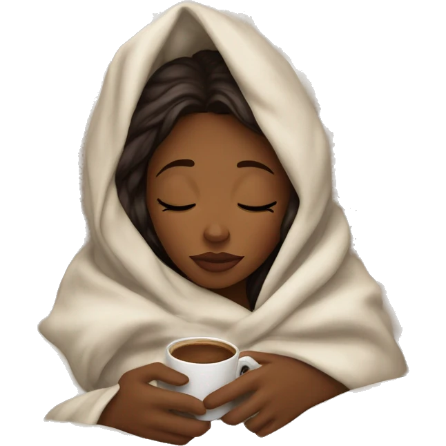 girl inside a blanket sipping coffee eyes closed brown skin  emoji
