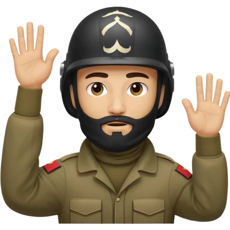 surrenders, depicts an Iraqi soldier from 1980, with a beard, in a helmet, with a balaclava, with a sad face and raised hands emoji