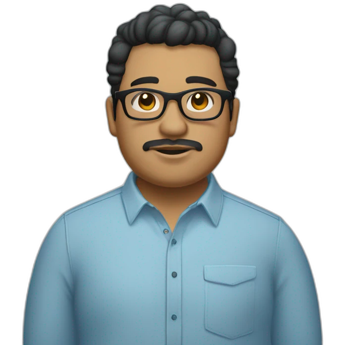 chubby light skinned mexican man in black rectangular glasses wearing a light blue oxford button up emoji