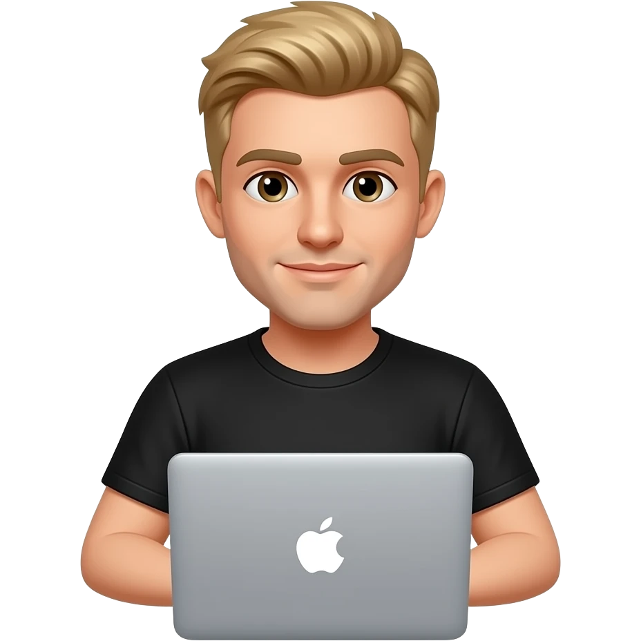 Блондин c короткой стижкой парень в черной футболке без бороды с карими глазами сидит за ноутбуком apple emoji