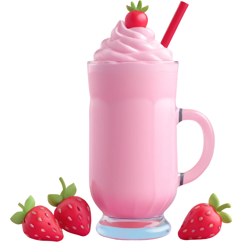 3D style strawberry milkshake with pink hue and cherry on top, glass mug, extra cherries, pastel background emoji