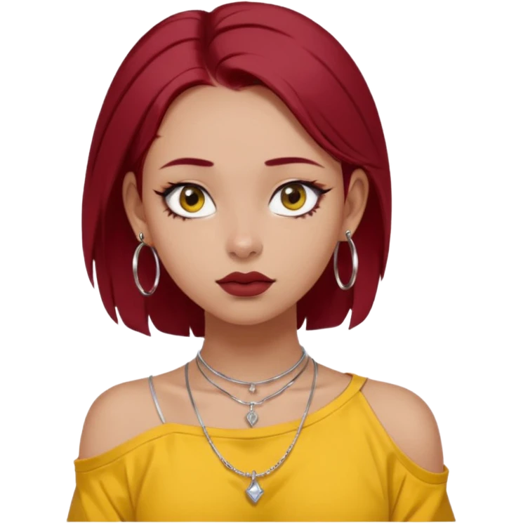 generate a pretty bratz girl with dark brown eyes. Dark red hair straight long. wearing a yellow oversized tee falling off her shoulder, dainty silver necklace, silver hoops, septum piercings. big eyeliner emoji