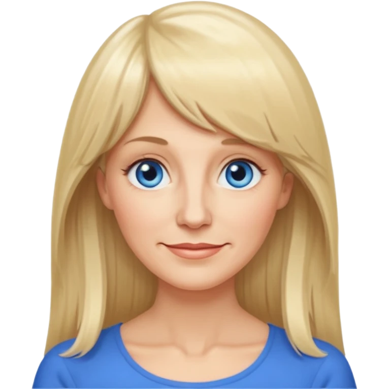 50 yr old white woman, curtain bangs, very long straight blond hair, oval face, small smile, blue eyes, thin face, hair down to elbows emoji