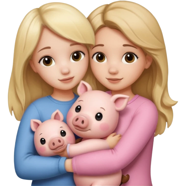 Girlfriends, blonde and brunette, hugging a teddy bear and a little pig emoji