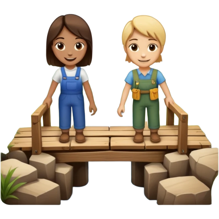 Two people working together on a small bridge, metaphor for building trust emoji