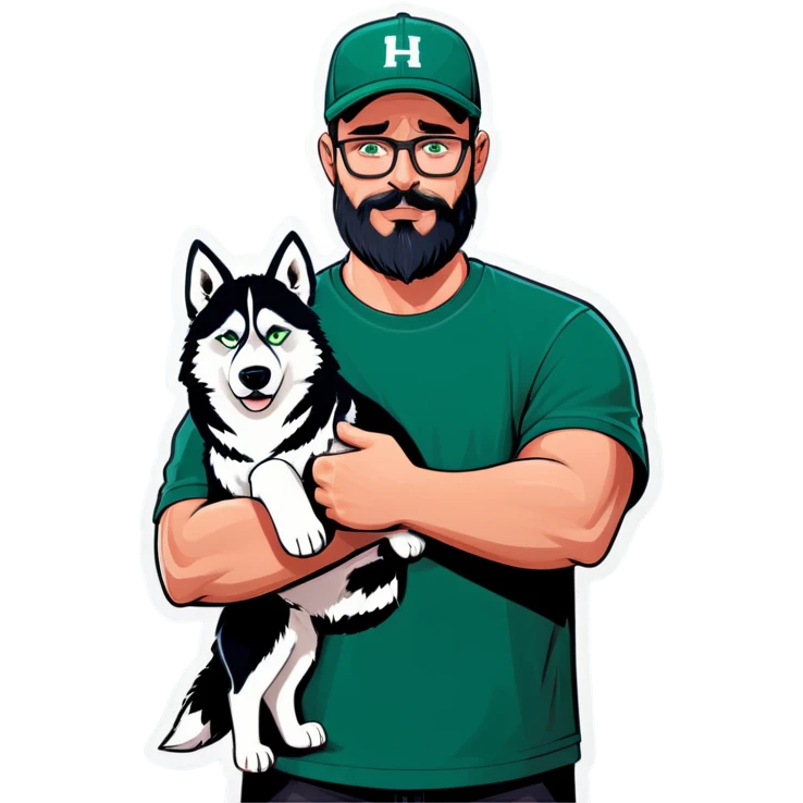 A bold man with a grey baseball cap, green eyes, big beard and glasses next to a husky dog emoji