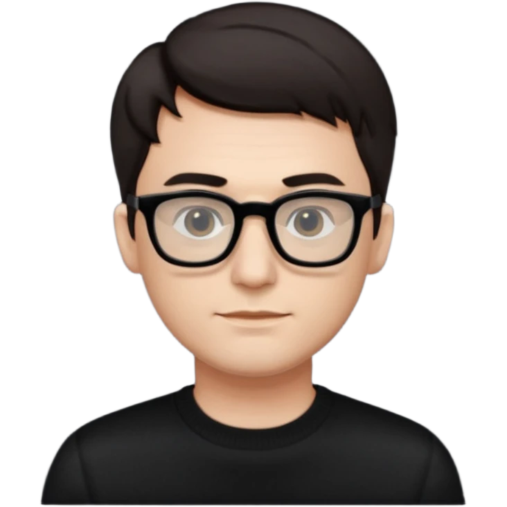 crea un uomo con i capelli corti scuri, occhiali da vista neri rettangolari e un maglione nero emoji