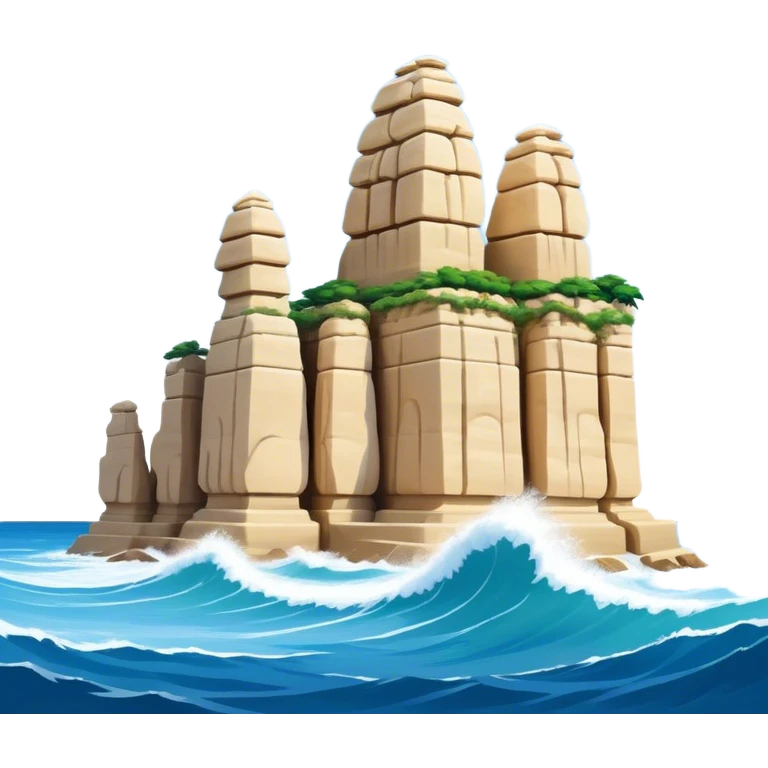 Cinematic Realistic Raouche Rocks, Beirut Landmark Emoji, depicting the majestic limestone rock formations rising from the Mediterranean Sea, with waves crashing against their bases under a vibrant sky. emoji