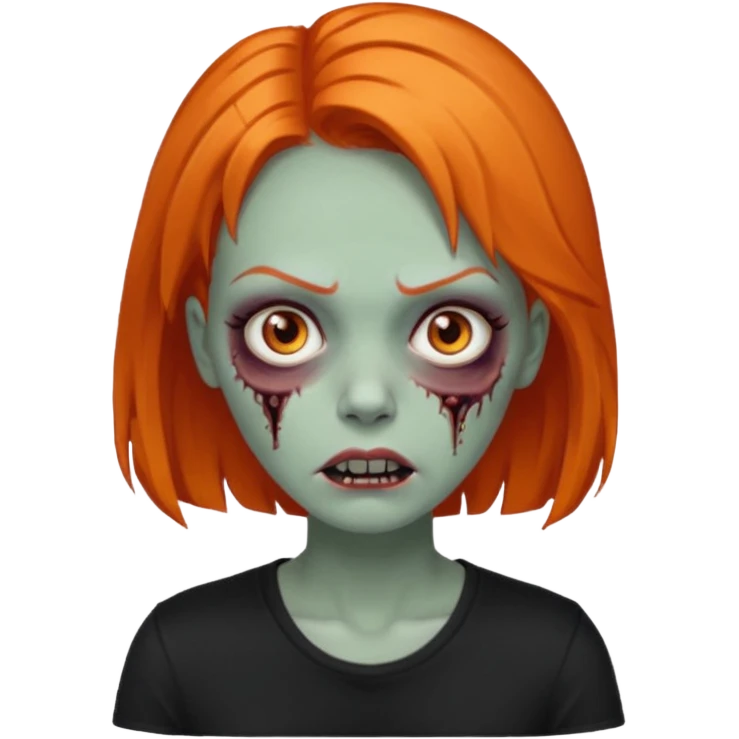 Faça uma zumbi feminina com cabelos médios e laranja, deve estar vestindo uma camisa preta e ter seus olhos castanhos escuro, não esqueça de colocar a sombrancelha da cor do cabelo  emoji