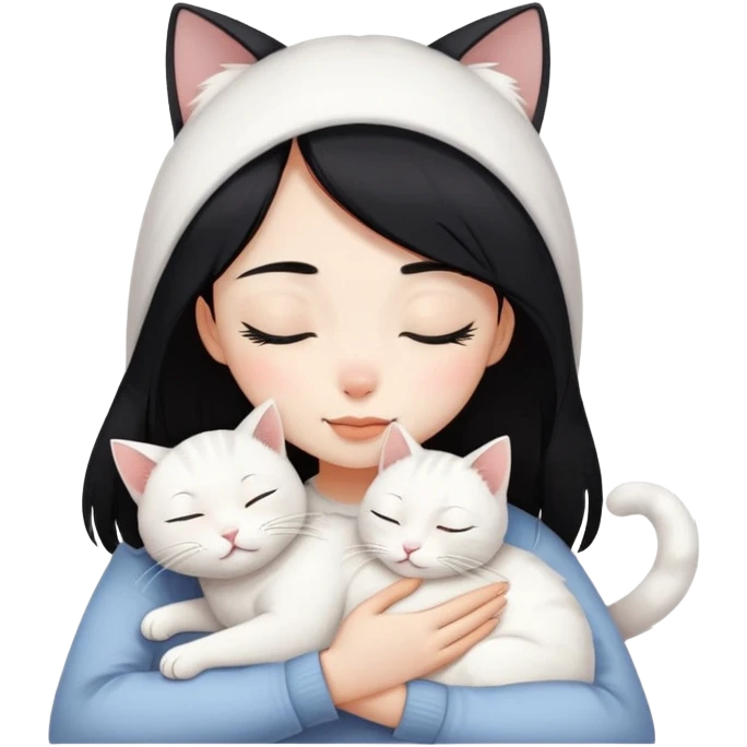 a black hair closing eyes girl hugs a white jinjila cat,the cat’s eyes are open emoji