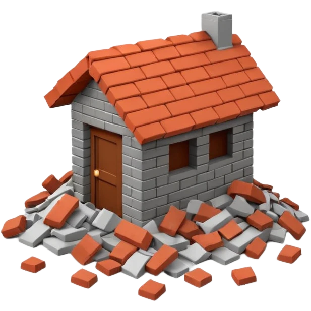 3D iPhone style emoji of a pile of bricks, roof pieces, and wall rubble, scattered and broken, isolated on white background, soft shadows, high detail, playful and cute emoji