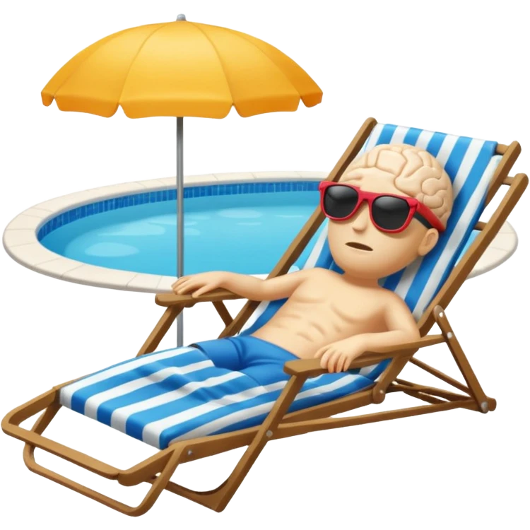 A brain (no body)  lies in a deck chair wearing sunglasses at the edge of the pool. emoji