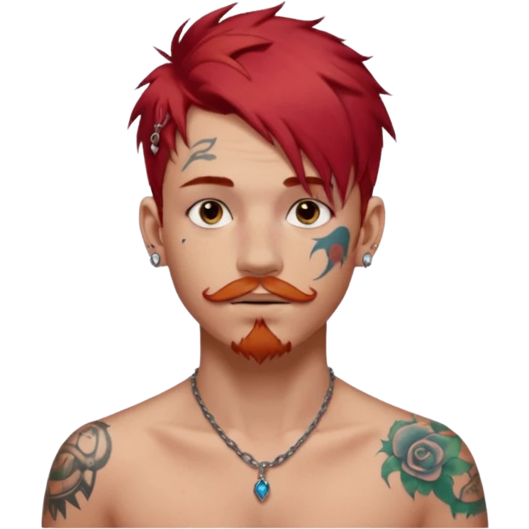 generate an ios genmoji of a 20 year old boy with shoulder length hair messy very messy dyed red hair. ear piercings. a lot of tattoos. and a faint stubble mustache emoji