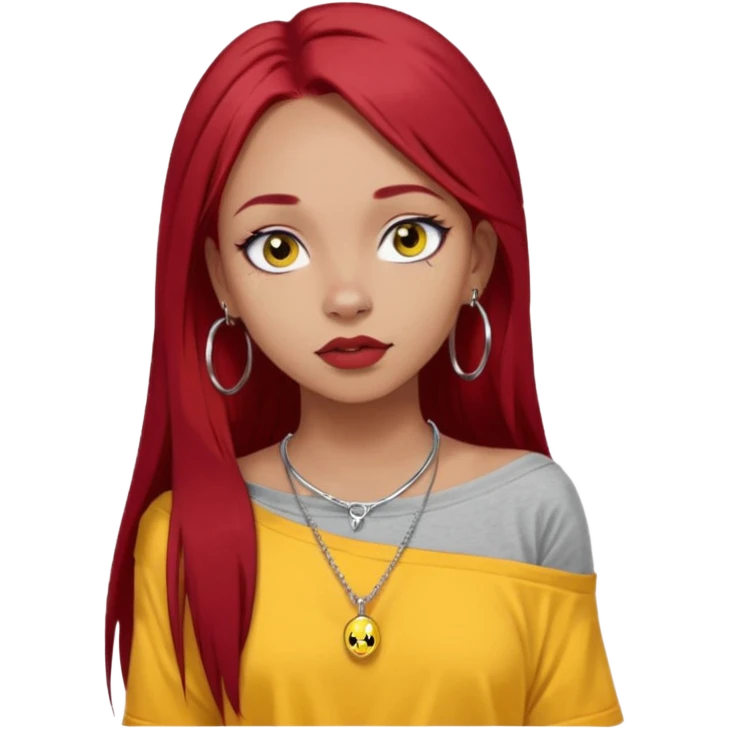 generate a pretty bratz girl with dark brown eyes. Dark long red hair straight long. wearing a yellow oversized tee falling off her shoulder, dainty silver necklace, silver hoops, septum piercings. big eyeliner emoji