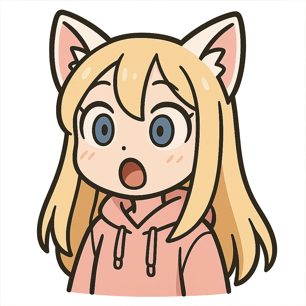 chibi anime catgirl Twitch emote, white cat ears, blonde extremely long hair, blue eyes, white skin, cute, pastel pink hoodie, surprised expression emoji