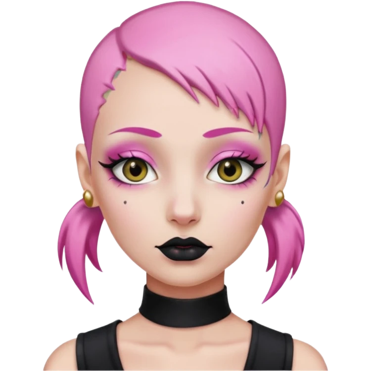 bald person with pink hair, black lipstick, pink eyes, no eyebrows, gold lip piercing, pink eye makeup emoji