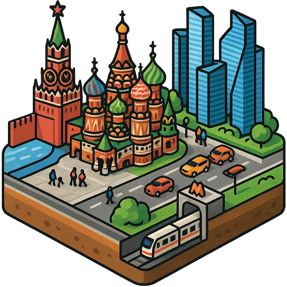 Изометричная миниатюрная фотореалистичная 3D модель Москвы на подставке - Кремль, собор Василия Блаженного, фотореалистичные Башни Москва-Сити, аккуратная детализация, четкие линии, яркие цвета, мультяшный реализм, гуляют люди и современный автотранспорт и метро, компактная композиция, вид сверху в изометрии, прозрачный фон emoji