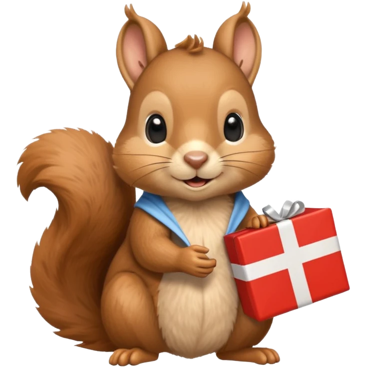 squirrel holding a wrapped present and a Swiss flag, cute and playful emoji