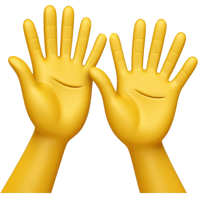 A 3D digital emoji of two yellow cartoon hands doing a joyful high five, palms clapping together in the air, with bright sparkles and motion lines to show excitement and celebration, Apple emoji style emoji