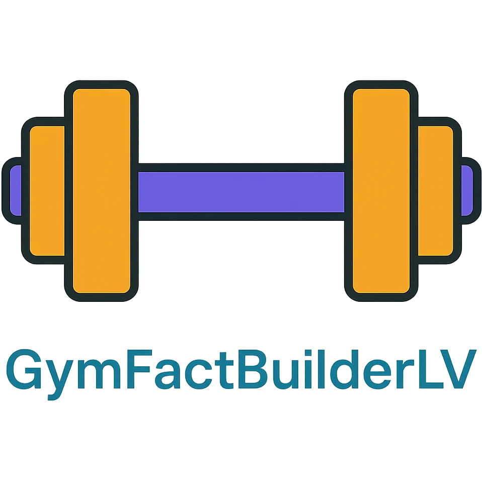 Edit the dumbbell icon by changing the text to 'GymFactBuilderLV' in cyan color, keeping the rest of the dumbbell design unchanged. Use a clean modern icon style with lineal color icon and black outlines. emoji