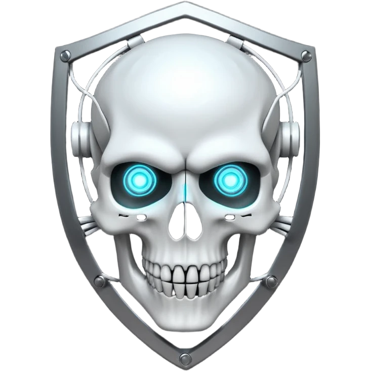 Cyberpunk shield, skull with cybernetic implants, glowing wires, dark white and white tones, no background emoji