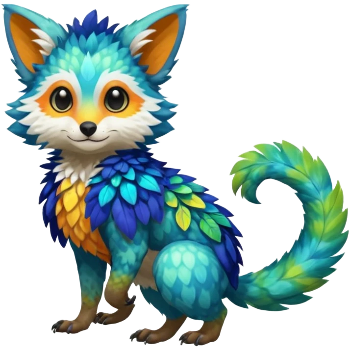 Colorful tropical exotic shiny beautiful fantasy-Trico-Cacomistle-oncilla-animal-Fakémon-hybrid-fursona (full body) emoji
