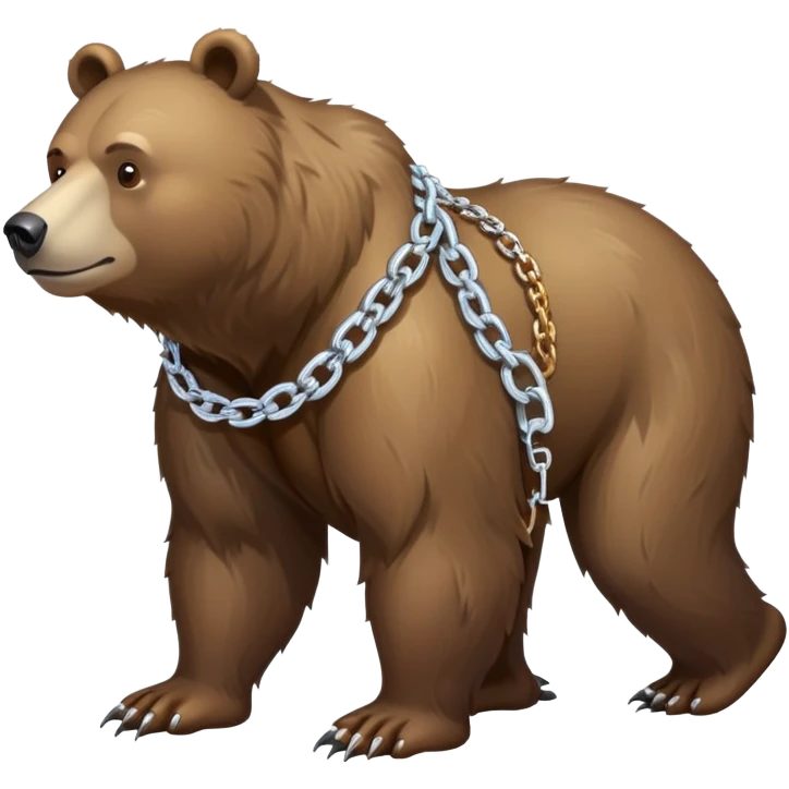 Full-length realistic bear on all four legs in walking position, medium brown color, stern face, head to tail view, ice chain necklace emoji