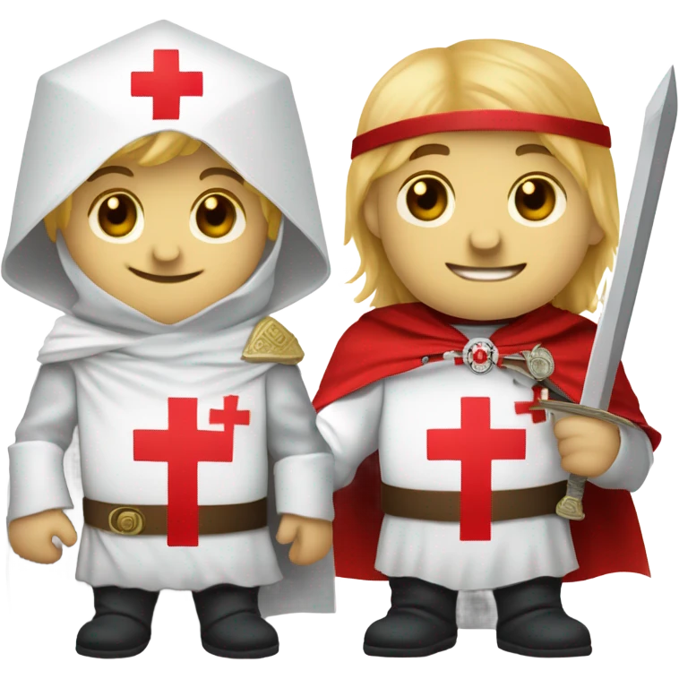 blond haired Masonic knight Templar wearing a white tunic with a Red Cross on the front and a white mantle with a hood with a Red Cross on the left side and a male face with a red cap and holding a sword. emoji