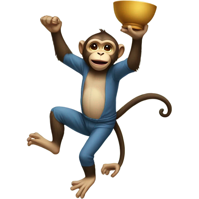 A monkey with in leg in the air and holding a bowl emoji