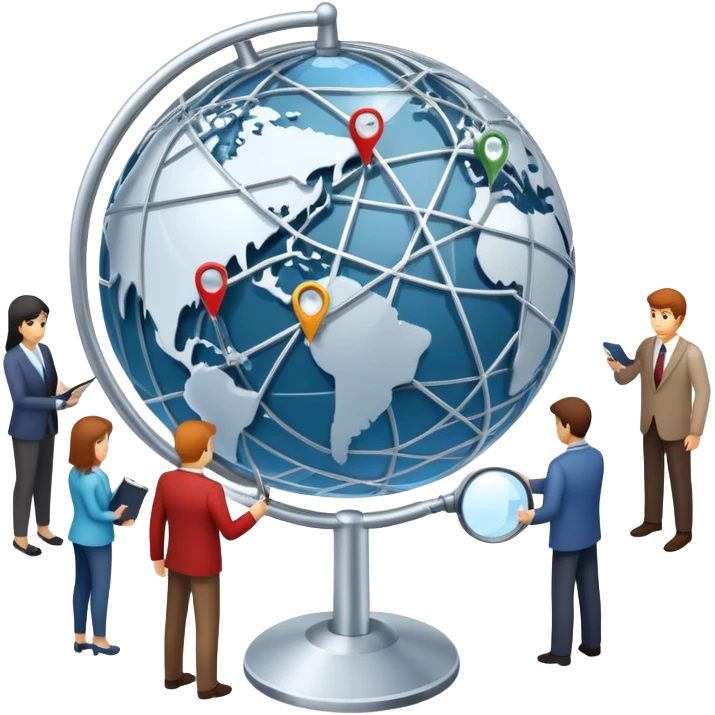An icon featuring a group of people, a network diagram, and a magnifying glass, symbolizing sociology. The design includes a globe and interconnected lines, representing social structures and relationships. Transparent background highlights the study of societies and human behavior. emoji