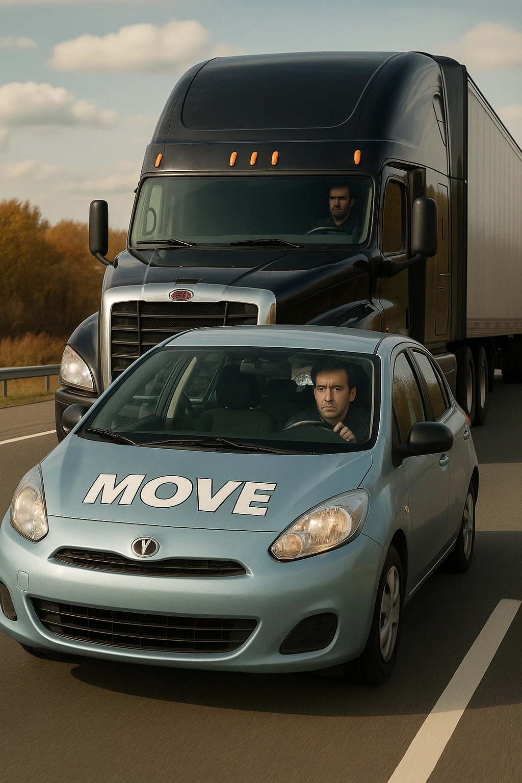 Change the semi truck to black, keep the rest of the scene the same, in a realistic style. emoji